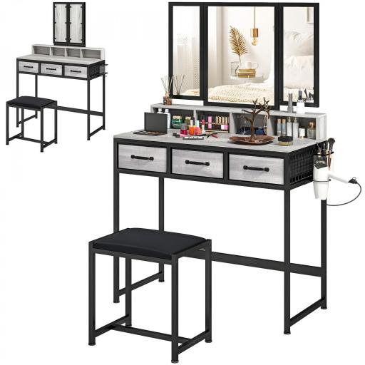 Tocador de Maquillaje con Espejo Tríptico Desmontable Taburete 3 Cajones de Tela Soporte para Secador de Pelo Gris [9]