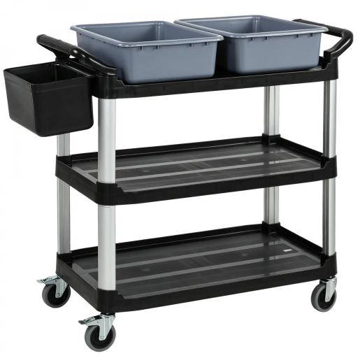 Carro de Limpieza con Ruedas con 3 Estantes 2 Contenedores y Cubo Lateral Colgante Carga 100 kg Negro [8]