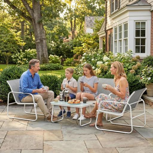 Conjunto Jardín Exterior de 4 Piezas con Sofá de 2 Plazas 2 Sillones Mesa de Vidrio Templado Tela Textilene Gris Claro [6]