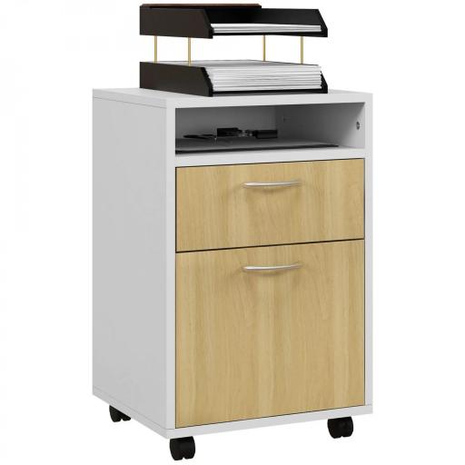 Cajonera de Oficina Móvil con Cajón y Armario con Ruedas Soporte de Impresora para Estudio 40x35x60 cm Blanco y Natural [8]