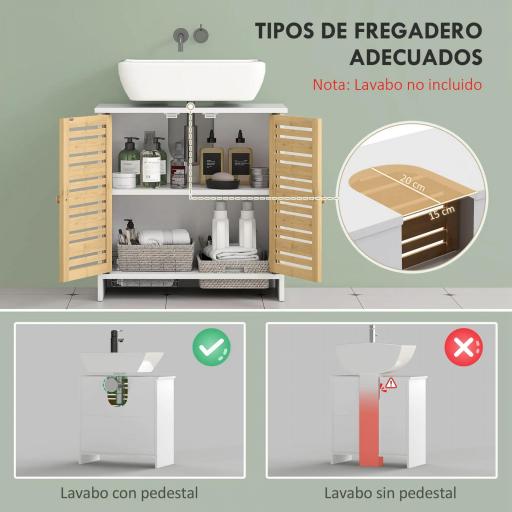 Mueble para Debajo del Lavabo Moderno con Puertas Magnéticas de Bambú y Estante Ajustable 60x30x60 cm Blanco y Natural [2]