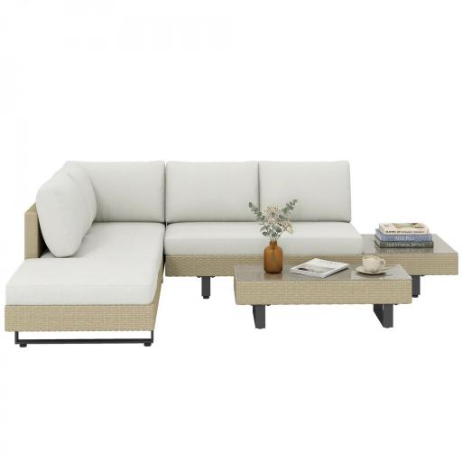 Conjunto de Jardín Exterior de Ratán de 3 Piezas con Sofá Modular de 3 y 2 Plazas Mesa Lateral Mesa de Centro Cojines [8]