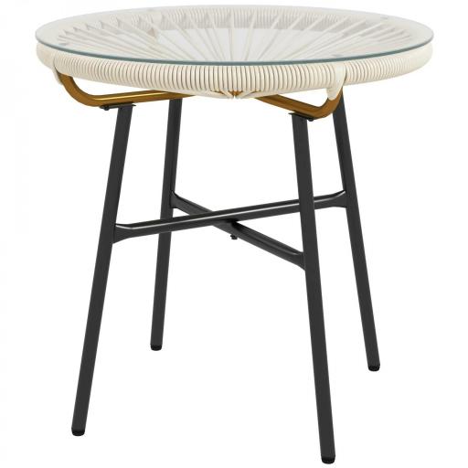 Mesa Auxiliar de Ratán Sintético Redonda para Exteriores con Encimera de Vidrio Templado Ø50x50 cm Crema [9]