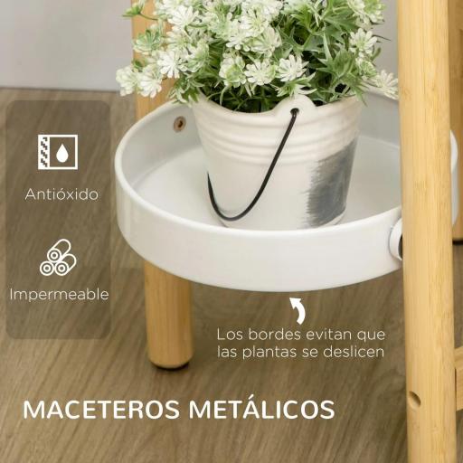 Soporte para Plantas con Patas de Bambú y 4 Estantes Metálicos Redondos Carga 20 kg Ø28x80 cm Natural y Blanco [5]