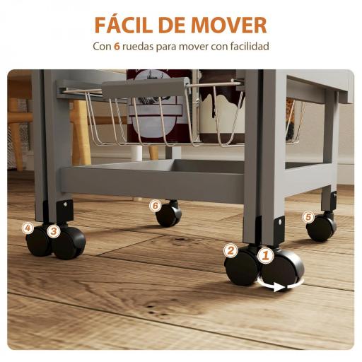 Carrito Auxiliar Plegable Carrito de Cocina con 6 Ruedas 1 Cajón y 3 Cesta de Metal 97,2x37x77,5 cm Gris y Roble [4]