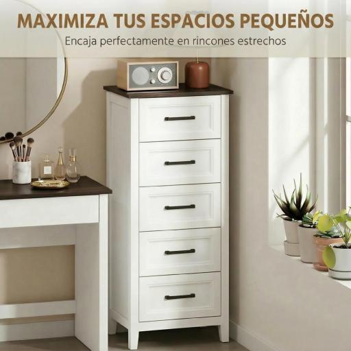 Cómoda Dormitorio Estrecho y Alto con Encimera Efecto Madera Cajonera para Espacios Pequeños 45x35x106 cm Blanco [2]