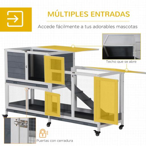 Conejera de Madera con Ruedas 147x45,5x88,5 cm Jaula para Conejos de 2 Niveles con Techo Abrible 2 Corrales de Metal 3 Bandejas Extraíbles 3 Puertas con Pestillo y Rampa Gris [5]