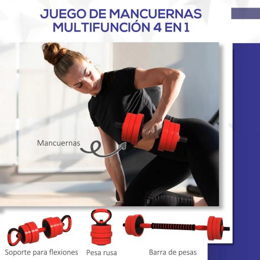 Kit de Gimnasio 4 en 1 con Barra de Pesas Mancuernas Kettlebell para Entrenamiento de Fuerza en Casa Color Rojo y Negro [2]