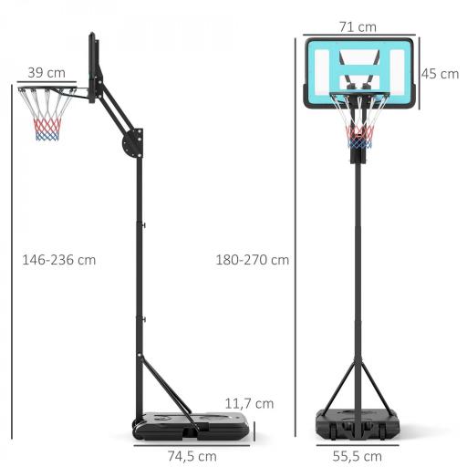 Canasta de Baloncesto Ajustable de 146-236 cm con Ruedas y Base Rellenable con Agua o Arena Tablero Irrompible Negro [1]
