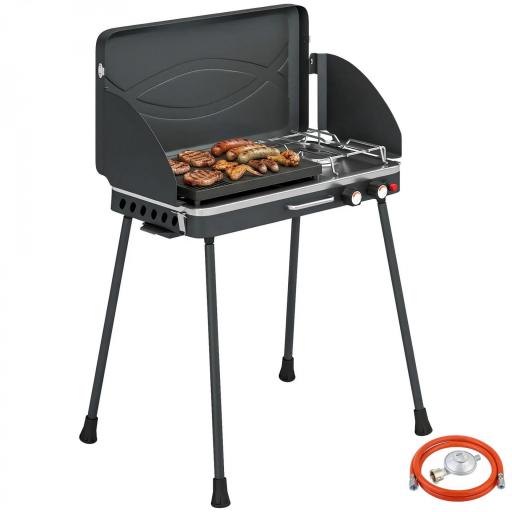Barbacoa de Gas Portátil 2 en 1 Propano 7 kW de Mesa o de Pie con Plancha Grande Patas Desmontables Negro [8]