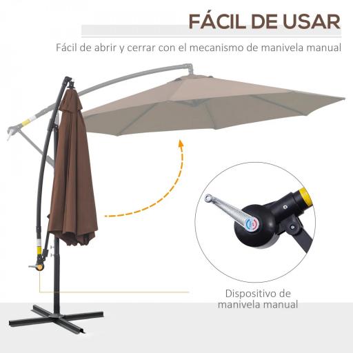 Sombrilla de Jardín Ø295 cm Parasol Excéntrico Inclinable con Manivela Base Cruzada y Soporte de Acero Café [2]