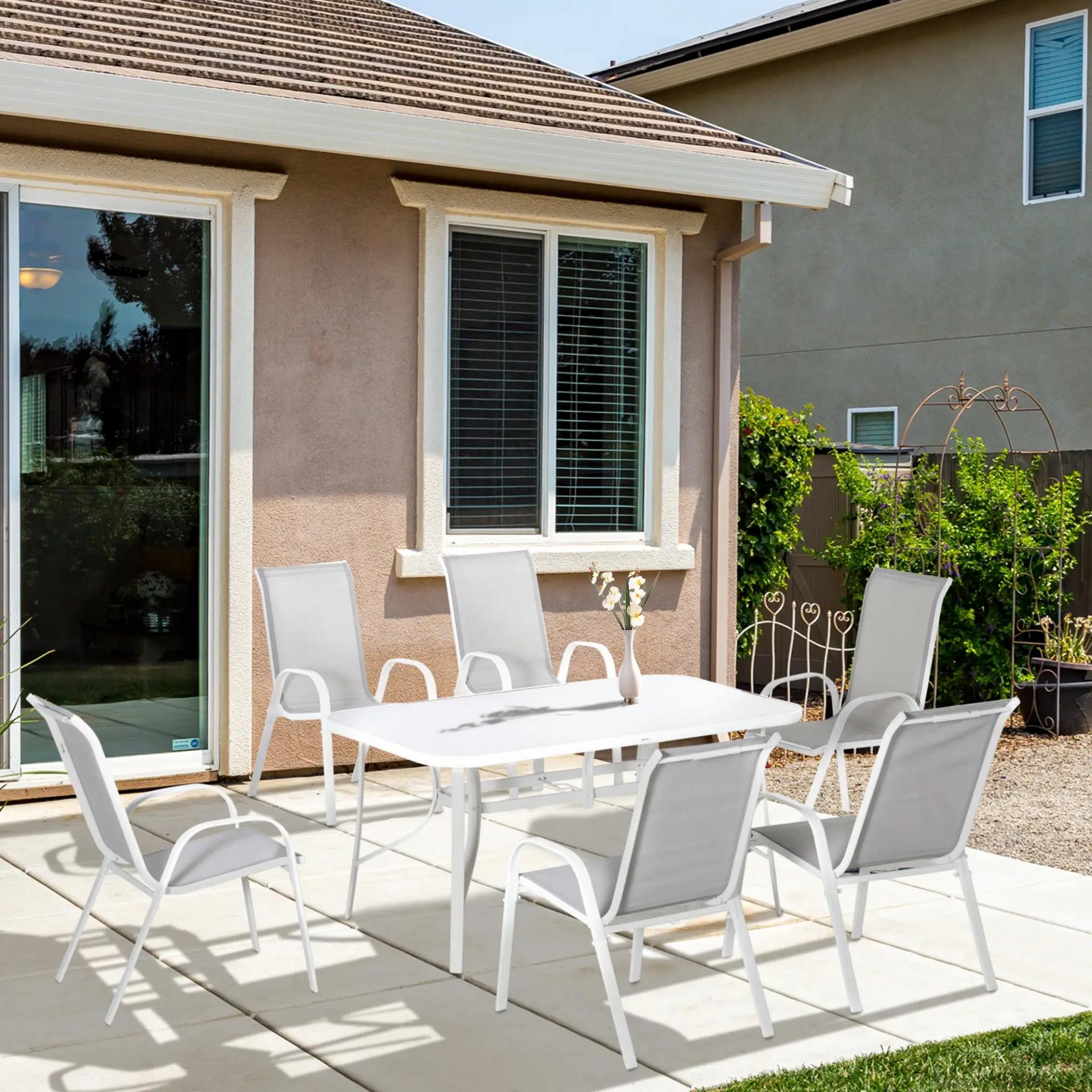 Juego de Mesa y 6 Sillas para Terraza con Orificio para Sombrilla y Encimera de Cristal para Terraza Patio Gris