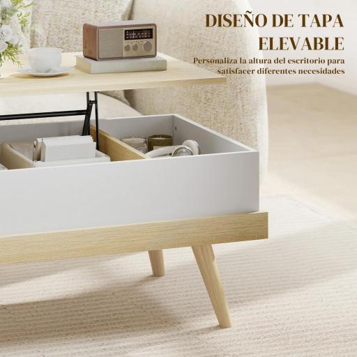 Mesa de Centro Elevable con 3 Compartimientos de Almacenaje Ocultos y Patas de Madera 100x79x54 cm Natural y Blanco [2]