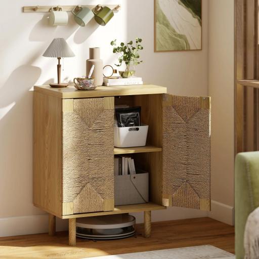 Aparador Bohemio de 2 Puertas con Cuerda Tejida a Mano Estante Ajustable Apertura por Presión Roble 60x40x78 cm