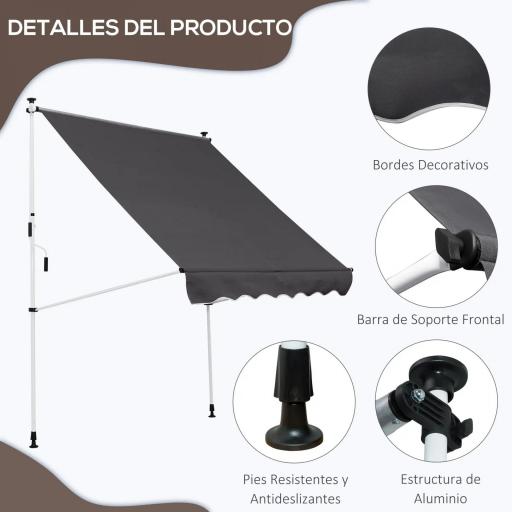Toldo Manual Retráctil 200x150x170-280 cm para Balcón y Terraza con Altura Ajustable con Manivela Gris [5]
