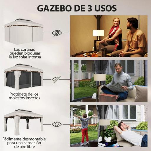 Cenador de Jardín 4x3m Pabellón de Jardín Gazebo con Doble Techo 4 Cortinas y Mosquitera Marco de Aluminio UPF50+ Crema [3]