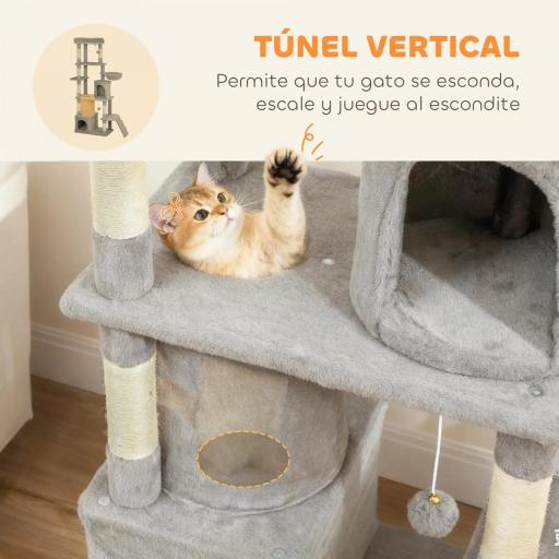 Árbol Rascador para Gatos Grande Altura 170 cm con 7 Postes 1 Túnel 3 Plataformas 2 Cuevas 1 Hamaca Gris Claro [4]