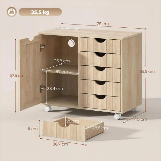 Mueble para Impresora con Estación de Carga y Ruedas 5 Cajones Puertos USB Estante Ajustable Natural [1]