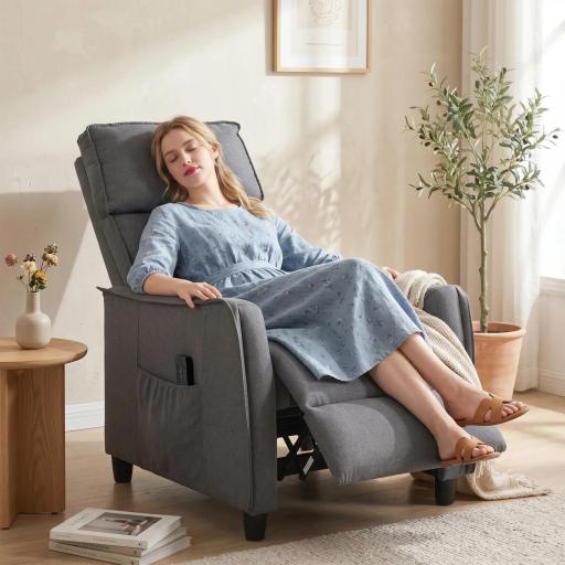 Sillón de Masaje Reclinable con Reposapiés 2 Zonas de Masaje Asiento de Muelles Bolsillos Tapizado en Lino Gris [3]
