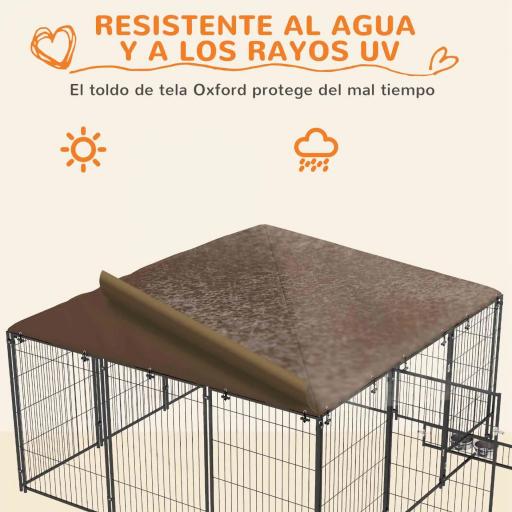 Perrera con Toldo y Soporte Giratorio para Comida 2 Cuencos Incluidos 211x211x151 cm Negro y Café [5]
