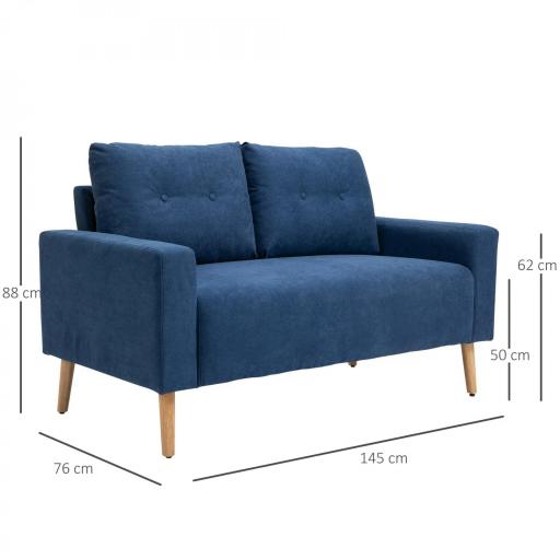 Sofá de 2 Plazas con 2 Cojines Reposabrazos y Patas de Madera de Caucho para Dormitorio Oficina 145x76x88 cm Azul [1]