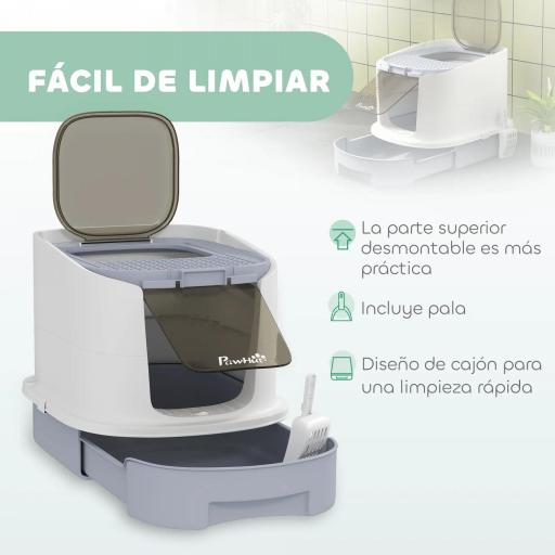 Arenero Cerrado para Gatos con Entrada Frontal Salida Superior Bandeja Extraíble y Pala 40,5x52,5x42,5 cm Blanco y Gris [5]