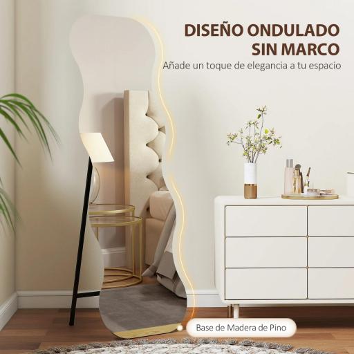Espejo de Pie Cuerpo Entero sin Marco Espejo de Pie Forma Ondulada con Soporte y Base de Madera 50x2,7x160 cm Negro [4]