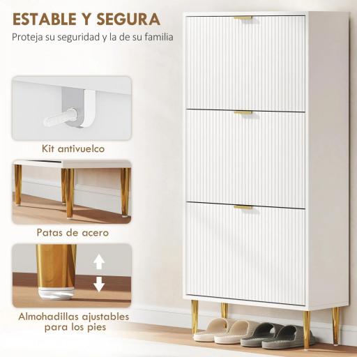 Zapatero Estrecho con 3 Puertas Acanaladas con Estantes Ajustables para 18 Pares de Zapatos 60x24x128 cm Blanco [3]