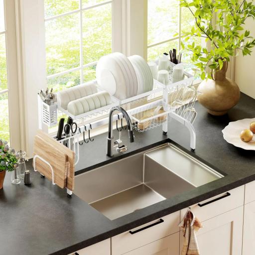 Escurreplatos de Acero de 2 Niveles para Fregadero con Soporte de Tabla de Corte y Cubiertos 100x30x54,5cm Blanco