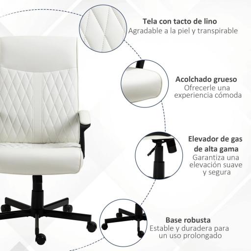 Silla de Oficina con Respaldo Alto Altura Ajustable y Función de Inclinación 65x65x102-112,5 cm Blanco Roto [1]