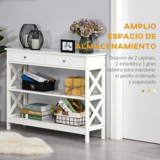 Mesa Consola de Entrada Recibidor con 2 Cajones y 2 Estantes Inferiores Mueble Moderno Base Elevada Antivuelco 100x30,5x80 cm Blanco [2]