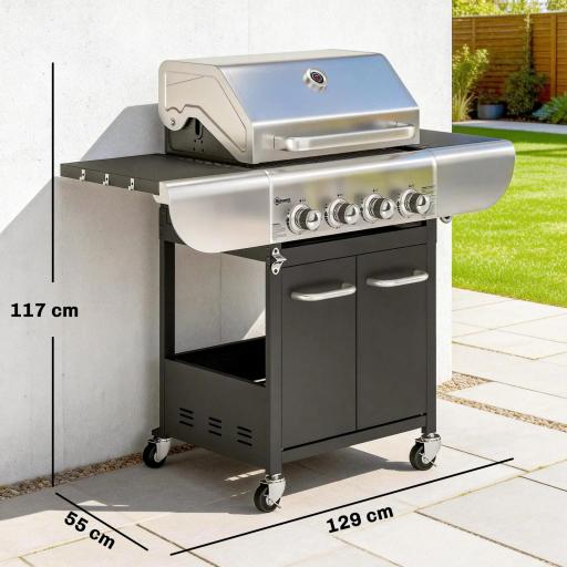 Barbacoa de Gas con 4 Quemadores 12,8 kW Termómetro Parrillas de Hierro Fundido Mesas Laterales Armario y Ruedas Negro [1]