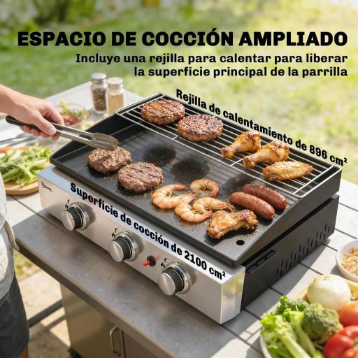 Barbacoa de Gas con 3 Quemadores 7,5 kW Barbacoa Portátil con Plancha Rejilla Calentadora y Recogedor Grasa Negro [5]
