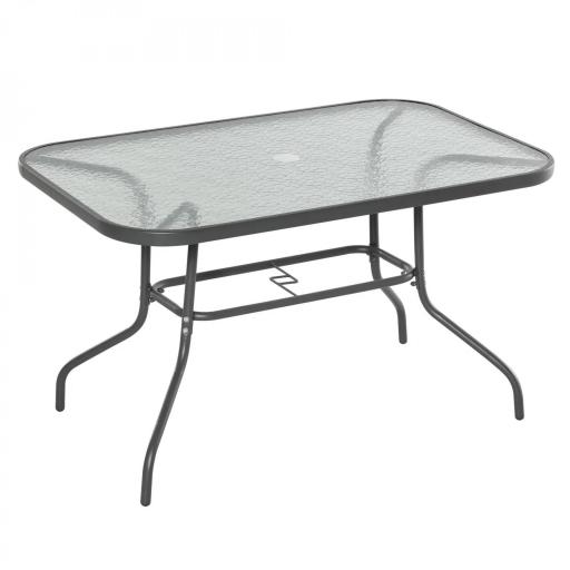 Mesa de Jardín Exterior Rectangular de Metal Bordes Curvos con Orificio para Sombrilla Capacidad 70kg Vidrio Templado 120x80x70 cm Gris Carbón [8]