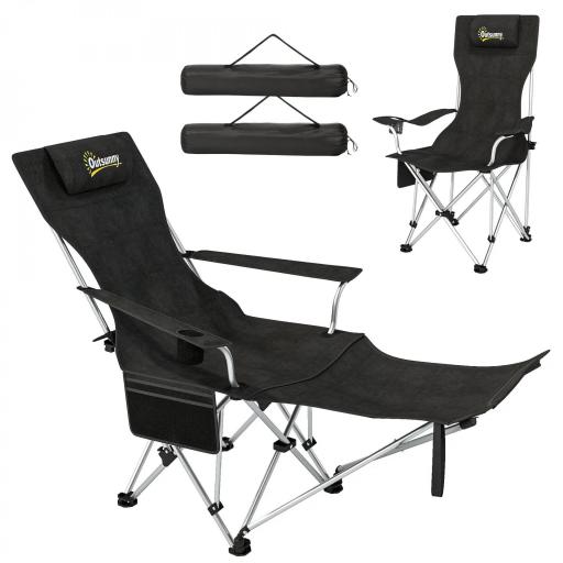 Conjunto de 2 Sillas Plegables Camping con Reposapiés Desmontable Reposacabezas Portavasos y Bolsa 125x48x90 cm Negro [8]