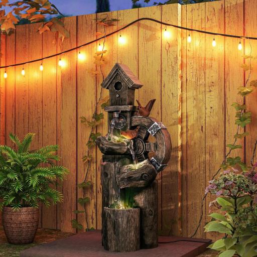 Fuente de Cascada 2 en 1 con Casita para Pájaros con Luces LED y Bomba Característica de Jardín con Troncos Multicolor [7]