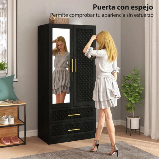 Armario Ropero con Espejo 2 Puertas y 2 Cajones Relieve de Diamante Barra para Colgar 80x50x180 cm Negro [6]