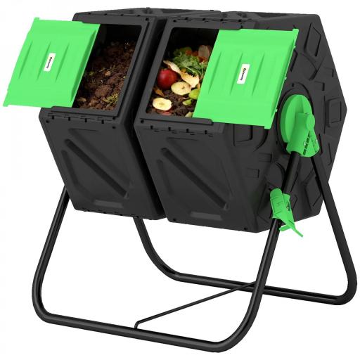 Compostador Giratorio 130L Contenedor Compostaje Doble Cámara Aberturas de Ventilación Patas de Acero 67x60x77 cm Negro [9]