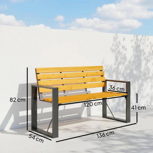 Banco de Jardín Exterior de 2 Plazas con Respaldo y Asiento Listonado de Madera Marco de Acero 136x54x82 cm Natural [1]