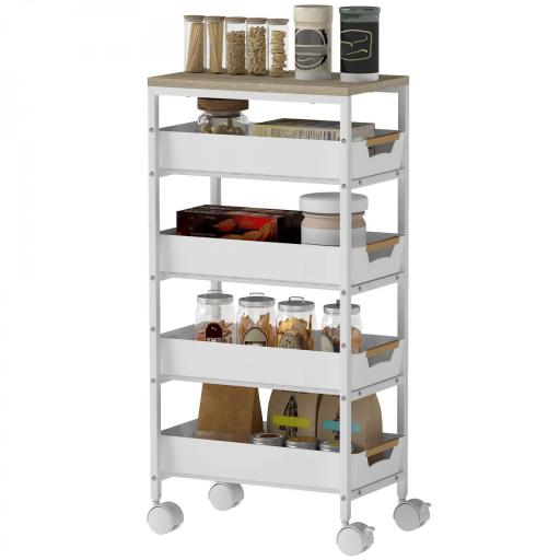 Carro de Cocina de 5 Niveles Carrito Auxiliar con Ruedas Tablero Efecto Madera Cajones Extraíbles 39,5x24x82 cm Blanco [7]