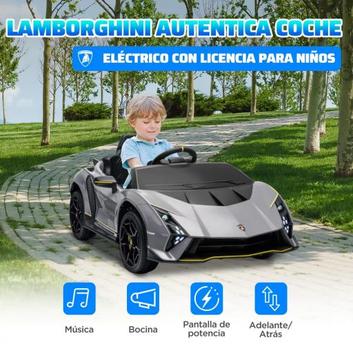 Coche Eléctrico para Niños Lamborghini Autentica con Batería 12V Mando a Distancia Faros Bocina Arranque Suave y Música MP3 Gris [5]