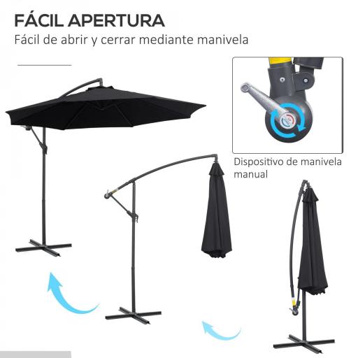 Sombrilla de Jardín Ø295x250 cm Parasol Excéntrico Inclinable con Manivela Base Cruzada y Soporte de Metal 8 Varillas para Terraza Exterior Balcón Negro [2]