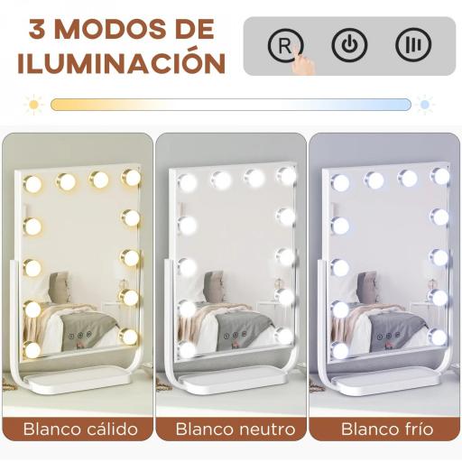 Espejo de Maquillaje con Luz Espejo Hollywood de Mesa con 12 LED 3 Modos y Luz Ajustable Pantalla Táctil y Función de Memoria para Dormitorio Baño 32,8x11x47,4 cm Blanco [4]