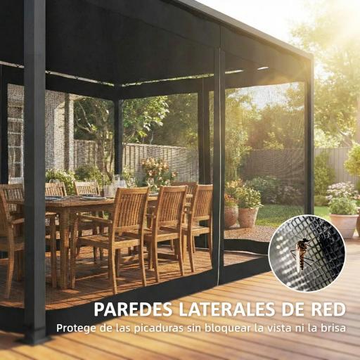 Pérgola de Jardín 3x4 m con Techo Retráctil 4 Laterales de Malla UPF30+ Cenador de Jardín para Patio Exterior Gris [6]