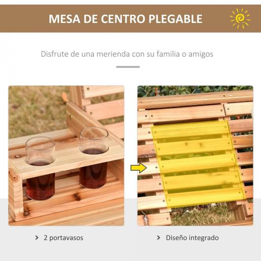 Banco Colgante de Madera con Mesa de Centro Plegable 2 Portavasos y Reposabrazos Carga 200 kg 150x75x53 cm Natural [3]