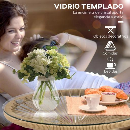 Mesa Auxiliar de Ratán Sintético Redonda para Exteriores con Encimera de Vidrio Templado Ø50x50 cm Beige [3]