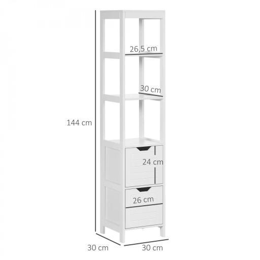Mueble Columna con 3 Estantes Abiertos y 2 Cajones de Almacenaje Diseño Antivuelco 30x30x144 cm Blanco [1]