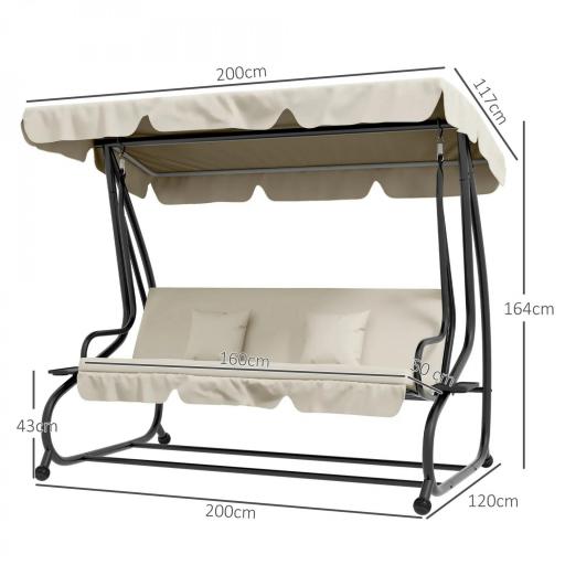 Balancín de Jardín Exterior de 3 Plazas Convertible en Cama con Toldo Ajustable y 2 Almohadas Carga 340 kg Crema [1]