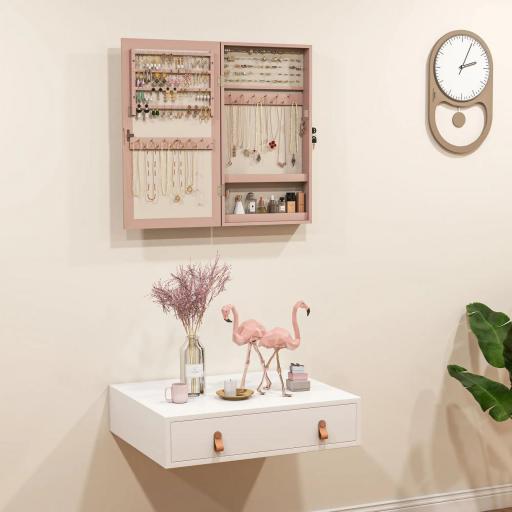 Espejo Joyero de Pared con Cerradura y Varios Compartimentos Montar en Pared o Puerta Rosa y Forro Beige [8]