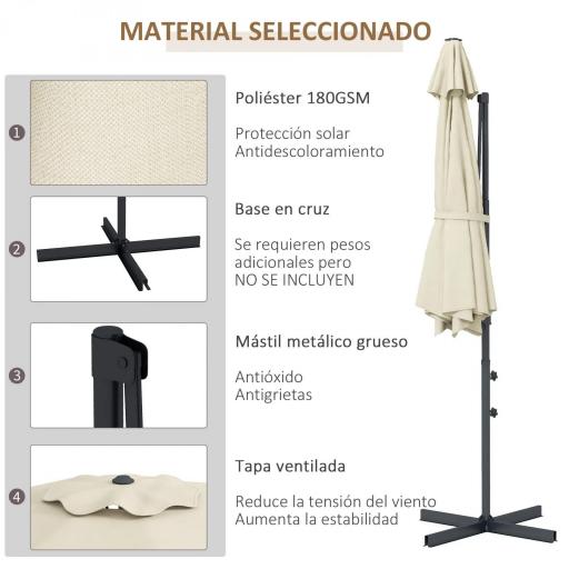 Sombrilla de Jardín Ajustable Ø294x242 cm con Poste Giratorio 360° Ángulo de Techo Ajustable y Ventilación Crema [2]